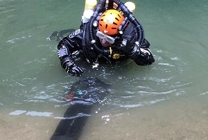 A CDG diver preparing for a long cave diver using a closed circuit rebreather and diver propulsion vehicles